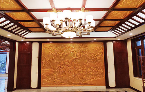 裕华中式别墅客厅中式木作横梁吊顶装饰展示
